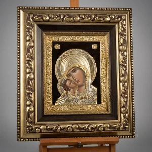 Large metal icon Virgin Mary massive wood frame SerbianShop unique - 61 x 52 cm