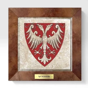 Grb Nemanjića beli dvoglavi orao na crvenoj pozadini prirodni kamen drveni ram - (28 x 28 cm)