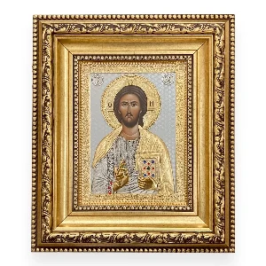 Luksuzna metalna ikona Isus Hrist sa 24k pozlatom i srebrom 42x36 cm - Pantokrator