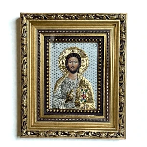 Christ the Teacher metal icon with silver and gold finish for home altar - 19 x 23 cm