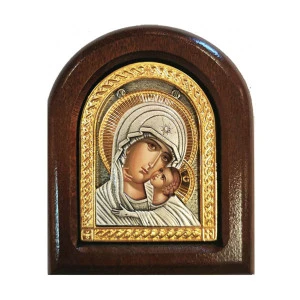 Metal icon on wood Virgin Mary and Child 11x9 cm