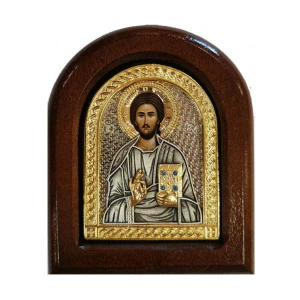 Metal icon on wood Jesus Christ Pantocrator 11x9 cm