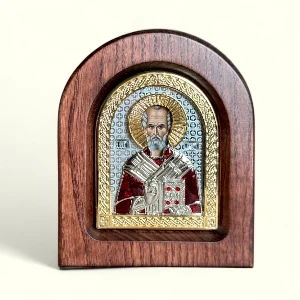 Metal icon on wood Saint Nicholas wonderworker 11x9 cm
