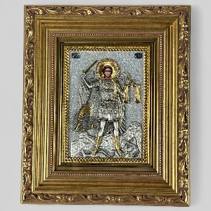 Sveti Arhangel Mihailo metalna ikona reljefni rad sa macem serbianshop - 19 x 23 cm