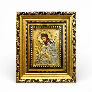 St. John the Forerunner metal icon with silver and gold finish for Slava - 19 x 23 cm
