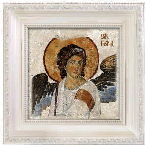 ikona belog andjela na kamenu u ramu 40x40 cm