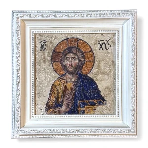 Orthodox Icon of Jesus Christ on natural stone white frame - religious gift.