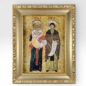 Orthodox Icon of Saints Cyril and Methodius in frame 41x33 cm with 24k gold plating