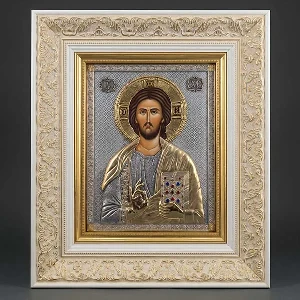 Luxury metal icon of Jesus Christ white frame SerbianShop - 36 x 31 cm
