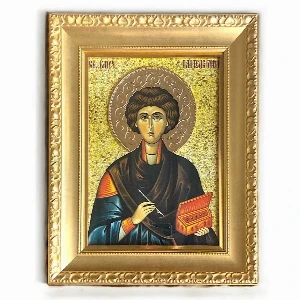 Large gilded icon of Saint Panteleimon the Healer on wood 41x33 cm
