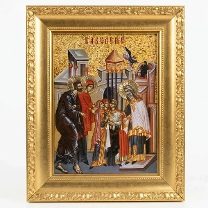 Large Slava icon Presentation of the Theotokos on wood 41x33 cm gilded gold finish