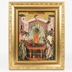Large Slava icon Dormition of the Theotokos on wood 41x33 cm gilded