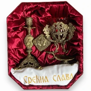 5-Piece Serbian Slava Set Brass Patina - Orthodox Icon Lamp - Set ritual Sfânt alama - Slava-Set Messing Patina - SerbianShop Heritage