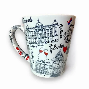 Belgrade ceramic mug with illustrations of Ada Bridge, the Victor monument, National Assembly, and other Belgrade landmarks.