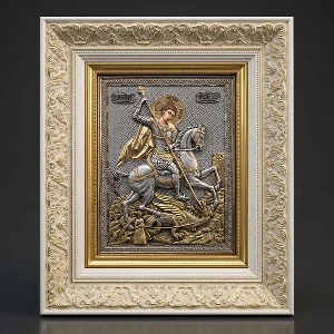 Luxury metal icon of Saint George white frame SerbianShop exclusive - 41x34 cm
