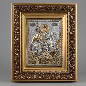 Metalna ikona Sveti Djordje ubija azdaju zlatni ram serbianshop - 41 x 34 cm