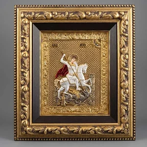 Velika metalna ikona Sveti Djordje masivni drveni ram 57x51 cm serbianshop