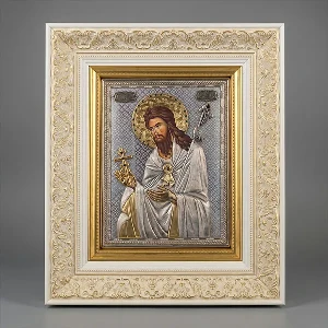 Luxury metal icon of Saint John the Baptist in white frame SerbianShop - 41 x 34 cm