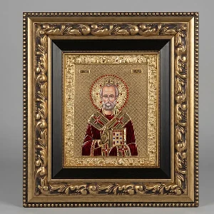 Large metal icon Saint Nicholas massive wood frame SerbianShop 61 x 52 cm