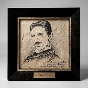 Nikola Tesla quote printed on natural stone in a dark gray frame 28x28 cm unique wall decor