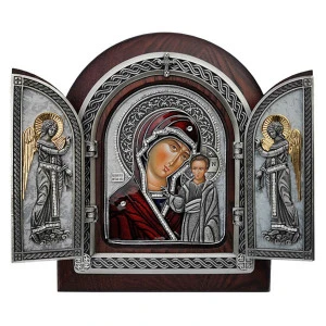 Virgin Mary triptych gilded wooden icon 22x18 cm with Christ child