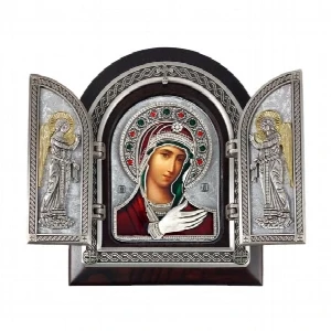 Mother of God Quick to Hear triptych gilded wooden icon 22x18 cm