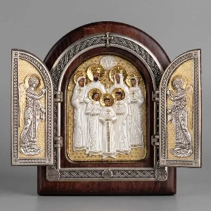 Triptih Carska porodica Romanov drvena pozlacena ikona 22x18 cm