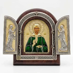 Triptih Sveta Matrona Moskovska pozlacena drvena ikona 22x18 cm