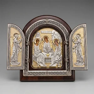 Folding wooden icon of the Holy Trinity for family unity and protection