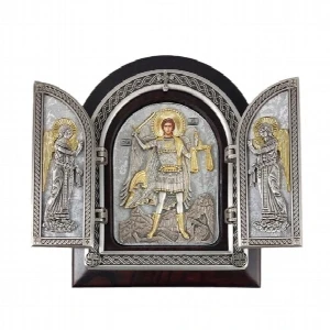 Saint Archangel Michael triptych gilded wooden folding icon Orthodox Slava gift