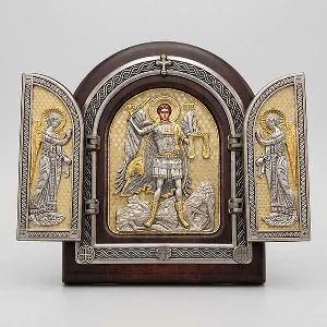 Saint Archangel Michael triptych gilded wooden folding icon Orthodox Slava gift