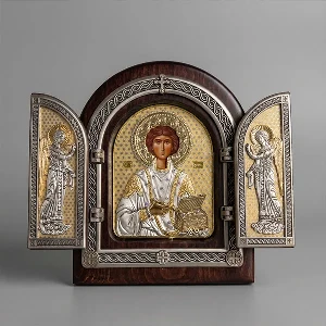 Saint Panteleimon Healer triptych gilded wooden icon 22x18 cm
