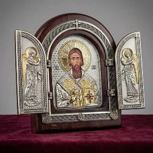 Saint Sava wooden triptych gilded folding icon 22x18 cm Orthodox gift