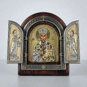 Triptych Saint Basil of Ostrog wooden gold-plated folding icon 22x18 cm