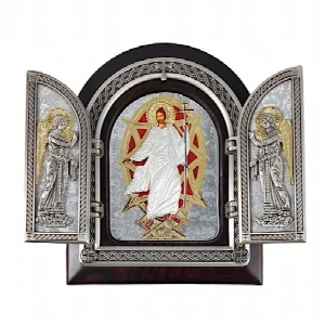 Resurrection of Christ triptych gilded wooden folding icon 22x18 cm Orthodox Easter gift