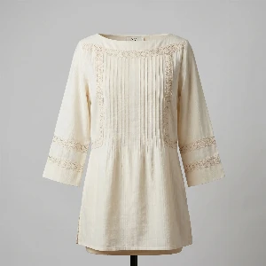 Elegant beige minimalist tunic for women, made from Serbian linen with a collarless design