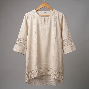 Beige linen tunic with wide crochet-style lace on the sleeves and hem