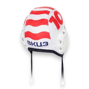 White Red Star Belgrade water polo cap, red details and Keel logo, front and back view.