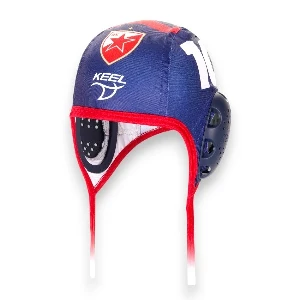 Red Star Belgrade water polo cap navy blue, Keel brand, side view with number 10.