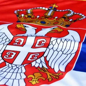 Velika svecana zastava Srbije krep saten 225x150 cm sa grbom za sale
