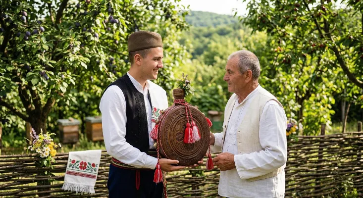 The groom inviting guest to the wedding while holding a buklija (čutura – wooden flask)